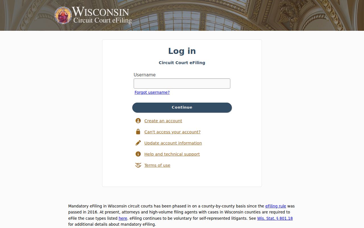 Sawyer County case search boundary at the Wisconsin eFiling login