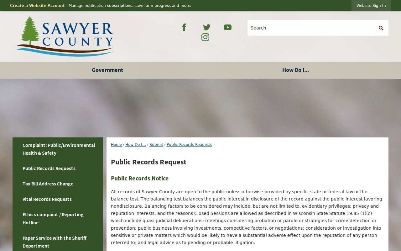 Sawyer County public records request webpage