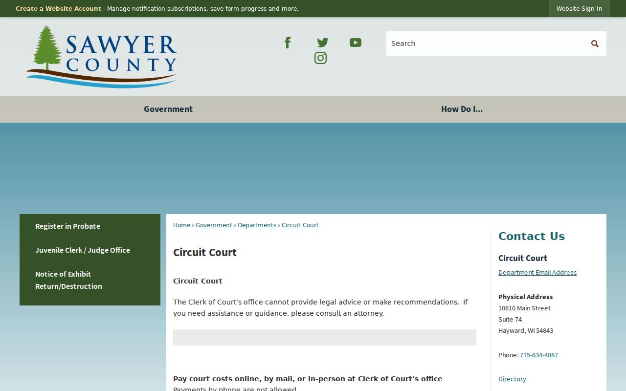 Sawyer County court docket information on the Circuit Court page