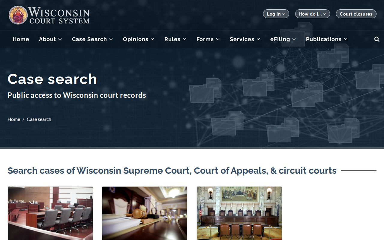 Sawyer County court docket routes on the Wisconsin case search landing page